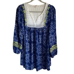 Umgee Mini Dress Embroidered Lace Bib Sz M Long Sleeves Blue White Boho Festival